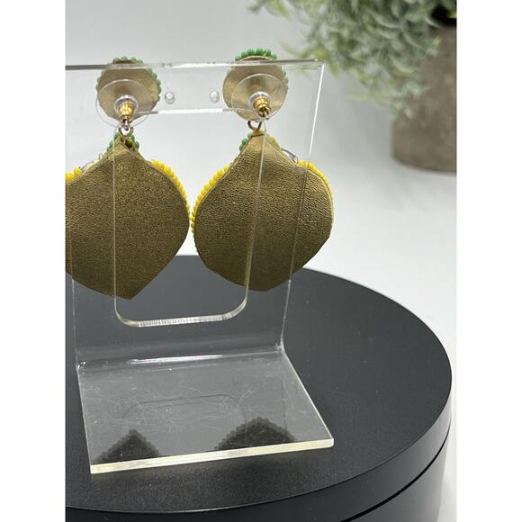 Lemon Hand Made Yellow Green Seed Beads Dangle Pierced Green Rhinestone Earrings - Picture 4 of 9